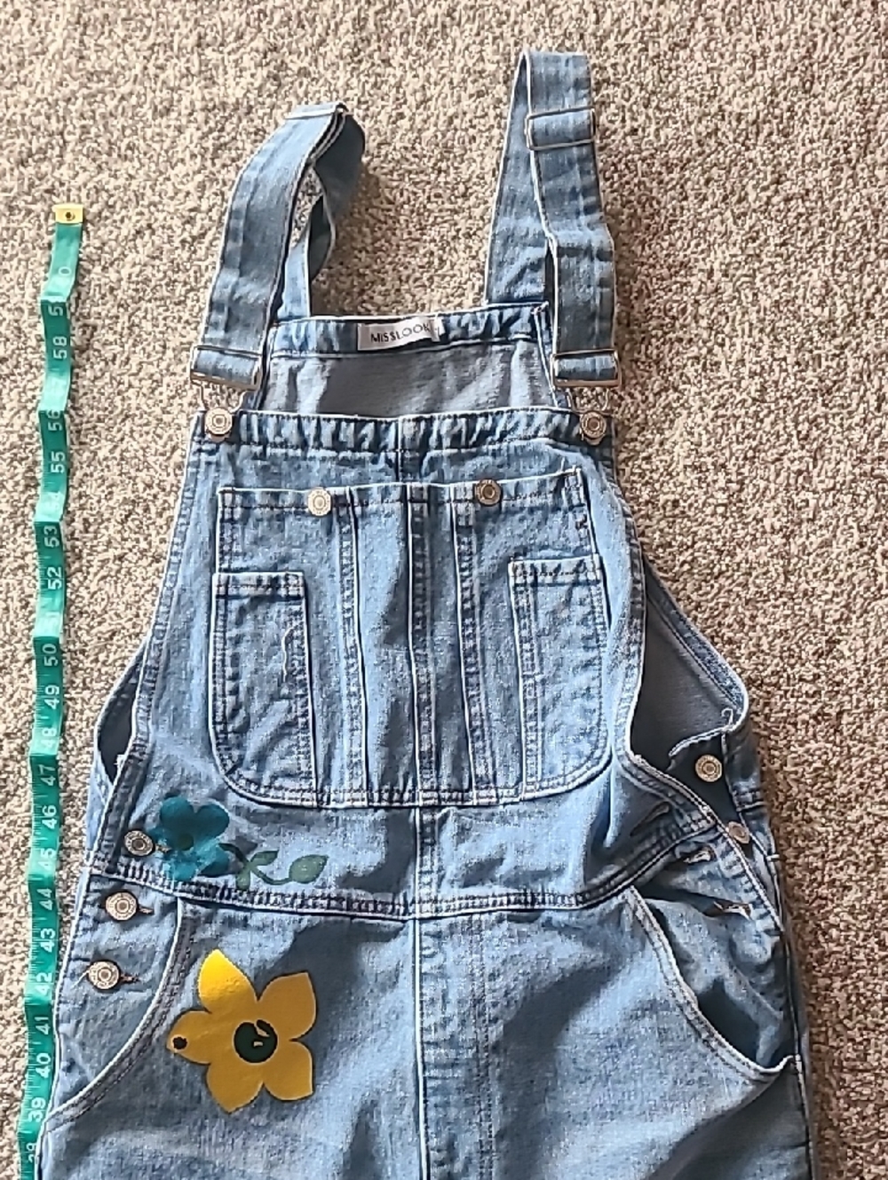 Denim Floral Patch Distressed Overalls - Light Blue